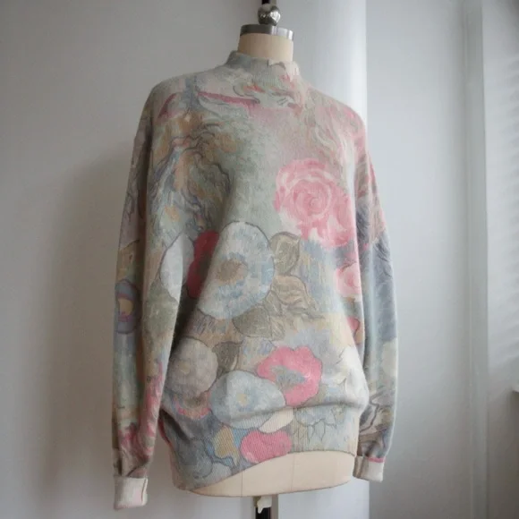 1980's Post Impressionism Floral Angora Knit Sweater - Picture 2 of 6